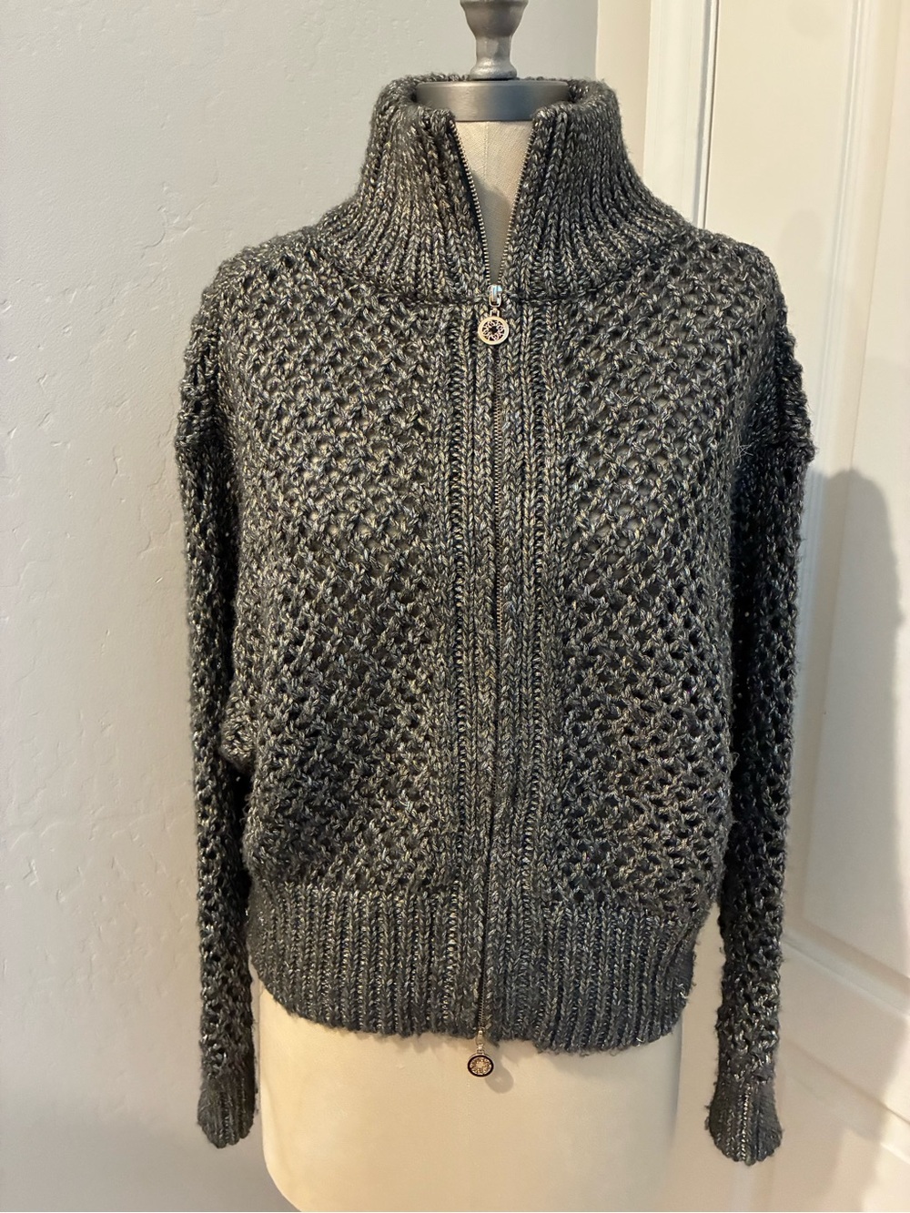 White House Black Market Charcoal Knit Zip Cardigan Size M